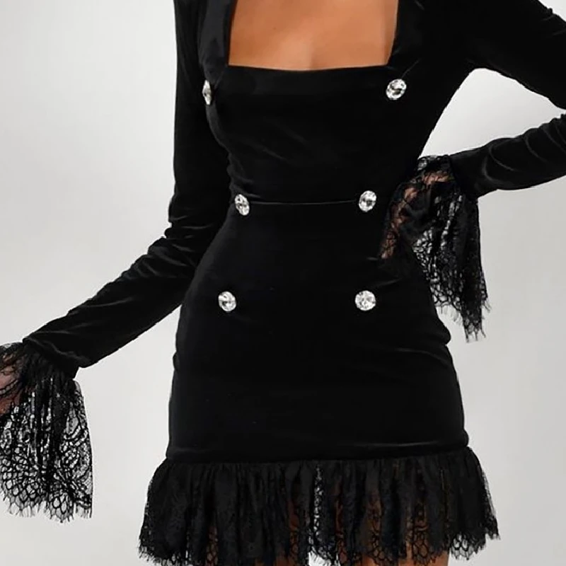 

FUFUCAILLM Eyelash Lace Button Decor Bodycon Dress Evening Party Padded Shoulder Square Collar Elegant Chic Dress Women Vestido