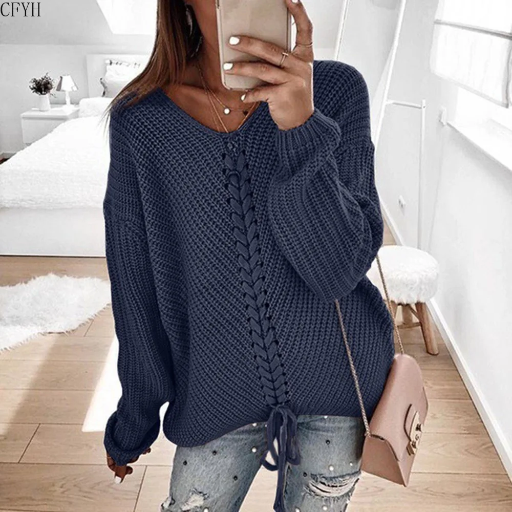 

Sexy V-neck Lace Up Knitted Sweaters Long Sleeve Solid Stitching Loose Sweater Autumn Winter Casual Sweaters