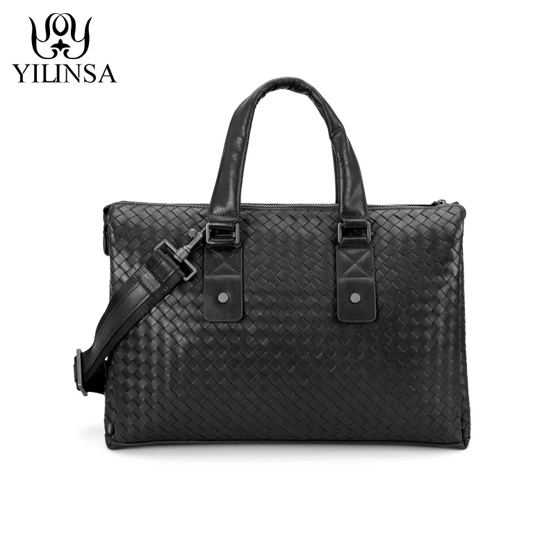Men Briefcase Bags Handmade Knitting Large Capacity Office Handbag 100% Leather Cowhide Laptop Shoulder Male Travel Bag | Багаж и сумки