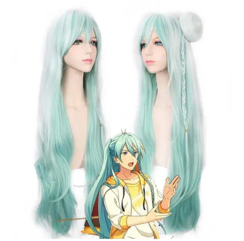 

Cosplay 100cm Anime Ensemble Stars Hibiki Wataru Cosplay Wig Long Green White Gradient Ombre Braided Hair Wig with Bun