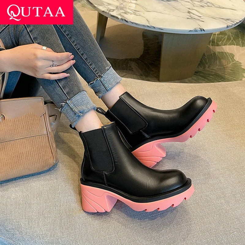 

QUTAA 2022 Autumn Winter Ankle Boots Round Toe Leather Women Shoes Mixed Color High Heel Short Chelsea Boots Big Size 34-39