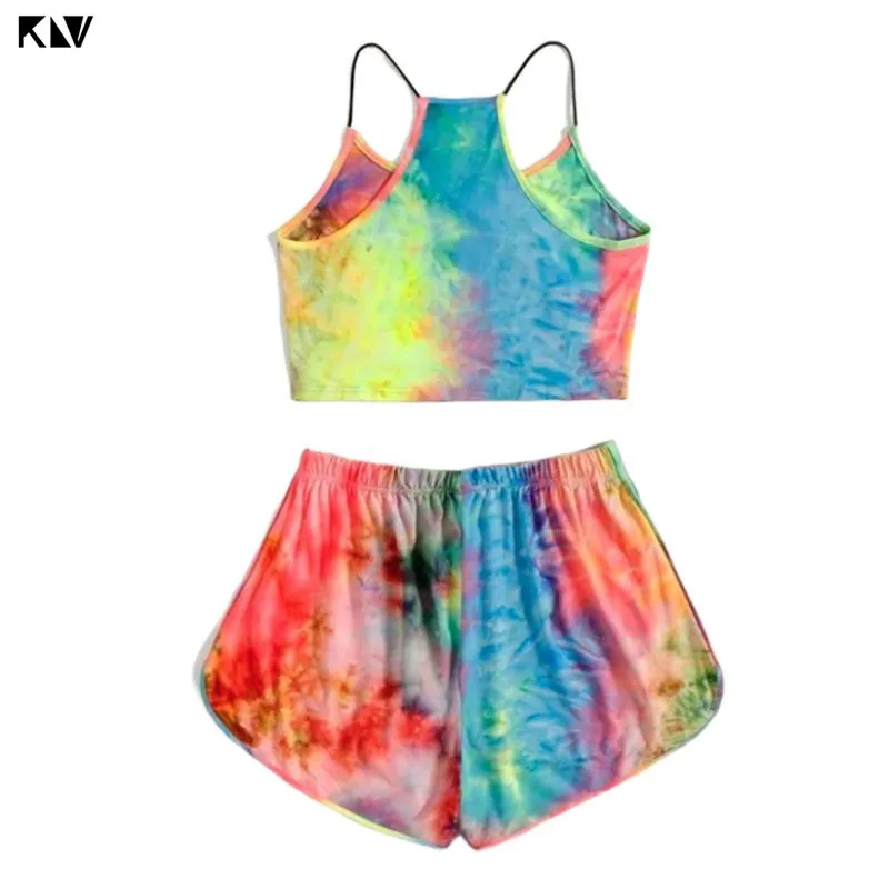 Женский спортивный костюм с дельфином неоновый и Радужный укороченный топ