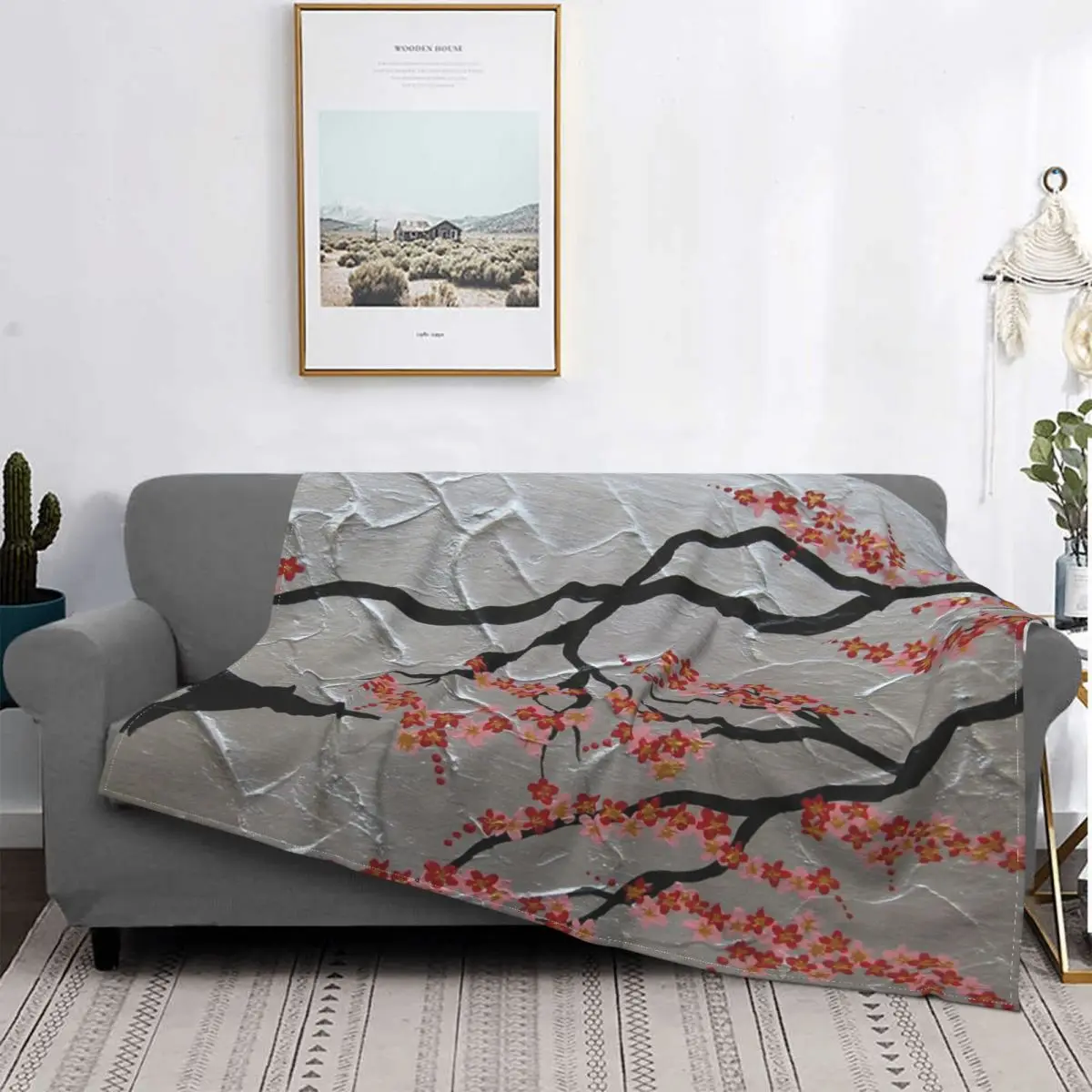 

Manta de flores de cerezo rojo y plateado Sakura, para cama colcha, alfombra a cuadros, manta doble para playa, colchas de veran