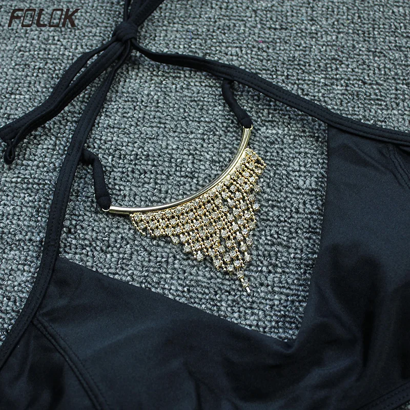 Necklace Bikini Women Push up Swimsuit Solid Gloss Swimwear Sexy Bathing Suit Female Tanga Bikinis Swimming Beachwear | Женская одежда
