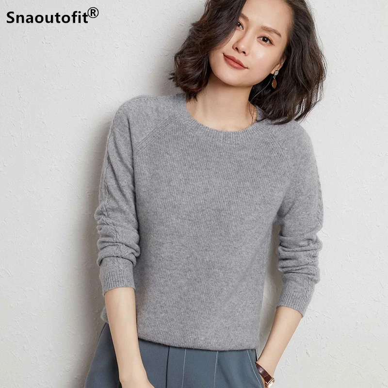 

2021 Autumn Winter New,High Quality Pure Wool Sweater Women's,Round Neck Hem Split Raglan,Pullover Cashmere Knit Bottoming Top