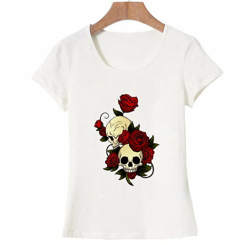 

Top Summer Three Links Harajuku Graphics T-shirt Short Female Red Rose Eye Skull T-shirt Printing Horror Cool Female T-shirt