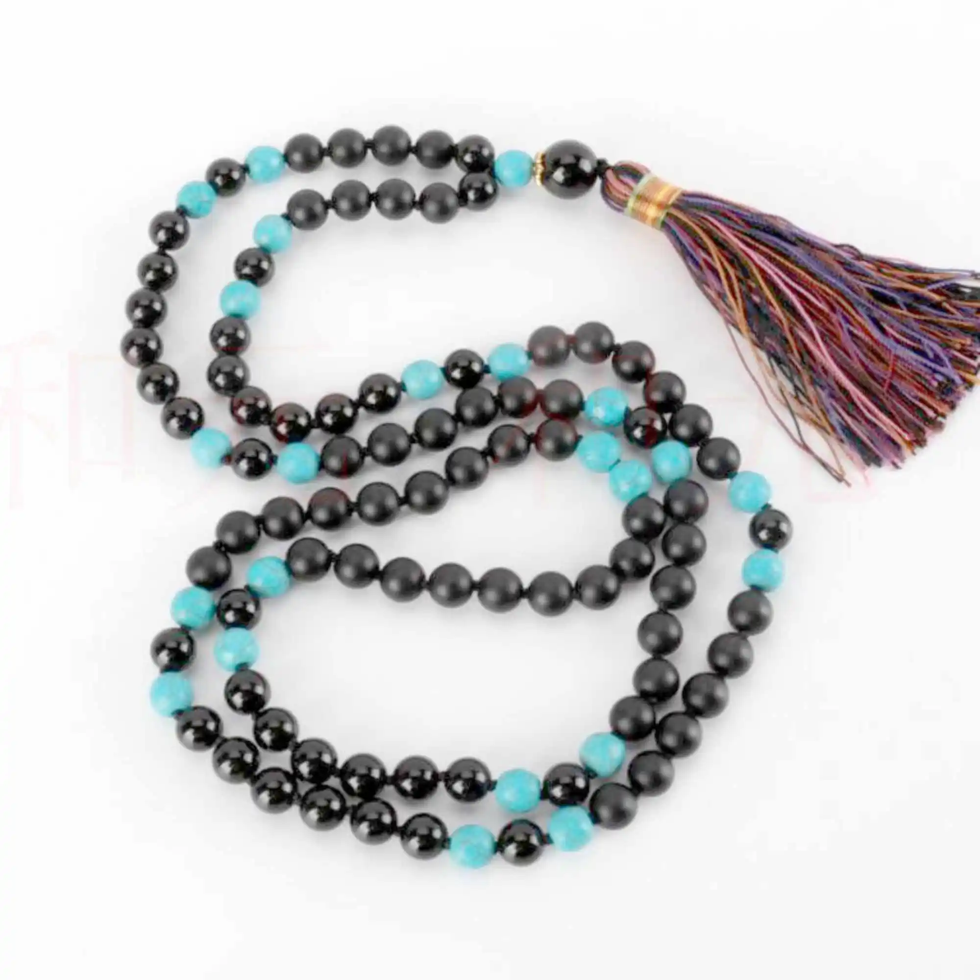 

8mm Natural 108 knot black agate Blue Turquoise necklace spread Buddhism Elegant Inspiration Energy Handmade Dark Matter Chain