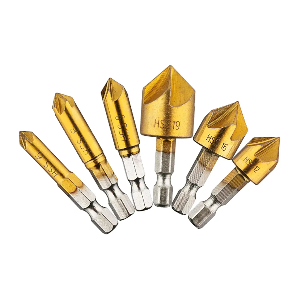 

6pcs 5 Flute Bevel Drills Countersink Drill Bit Titanium Coated HSS1/4 "Hex Shank Angle Point Wood PVC Cutter Edge Chamfer Rea