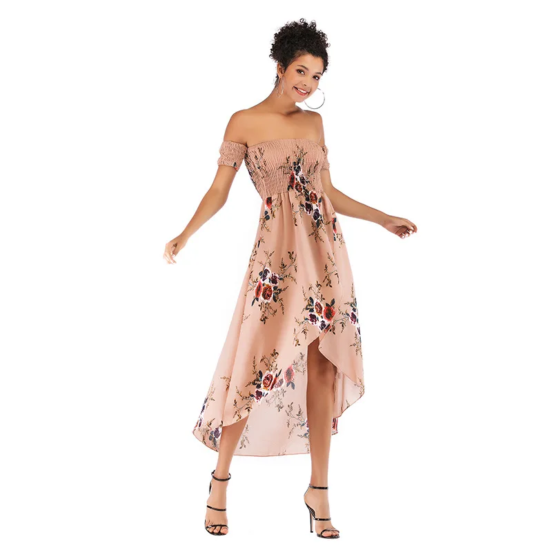 

Summer print strapless one-line dress with irregular slit neck European and American