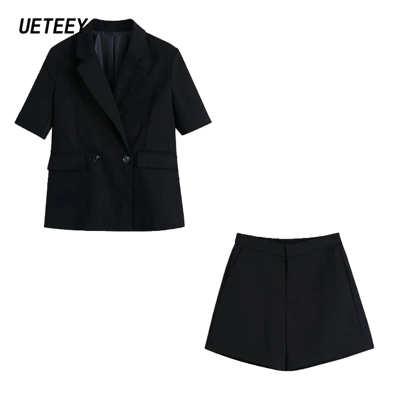 

Za Women's Blazers Jackets Suits Two Piece Coats Black Short Sleeve Office Ladies Workwear Outfit Casual Streetwear Solid Pocket