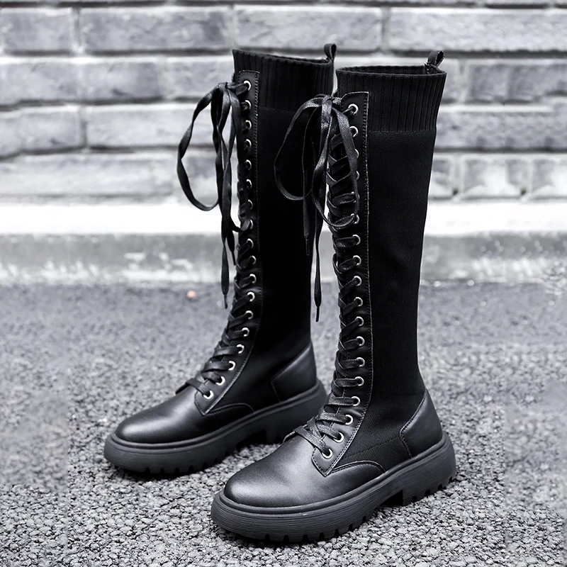 Женские кожаные эластичные сапоги RASMEUP высокие до колена на платформе со