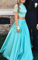 walk beside you mint green prom dresses 2022 pink two pieces satin high neck a line long sweep train off shoulder evening gowns