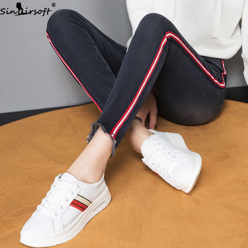 Осенние новые хлопковые мягкие высокие эластичные красные джинсы с лентой