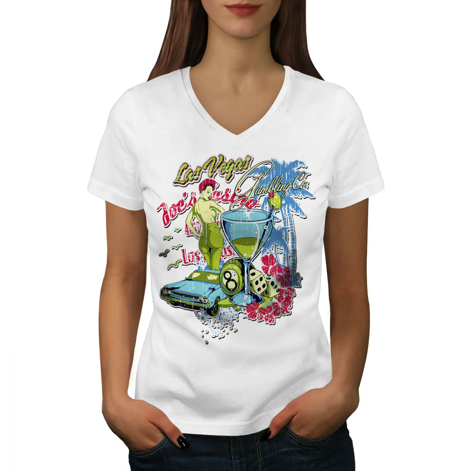 Женская футболка с v образным вырезом в виде игры Лас Вегасе графическим