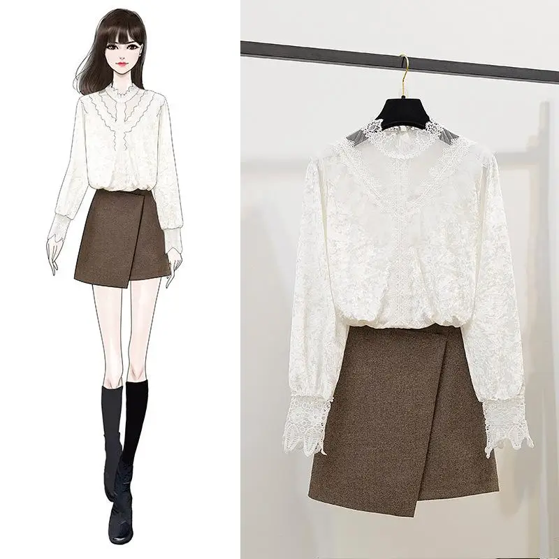 ICHOIX бархатный кружевной комплект из топа и юбки элегантный офисный для женщин 2