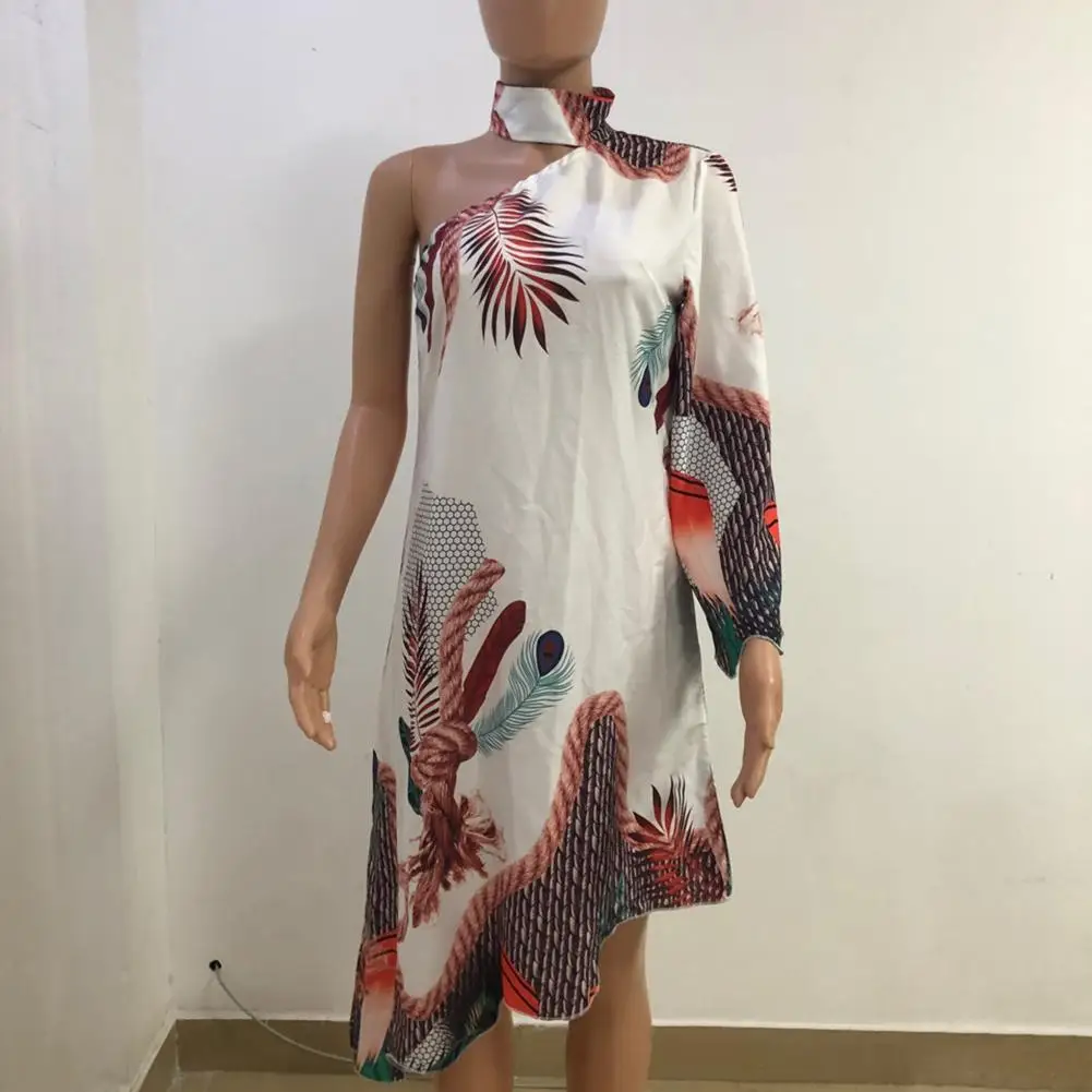 

HOT SALESNew Arrival Women Fashion Choker Peacock Print One Shoulder Irregular Ruffled Hem Dress