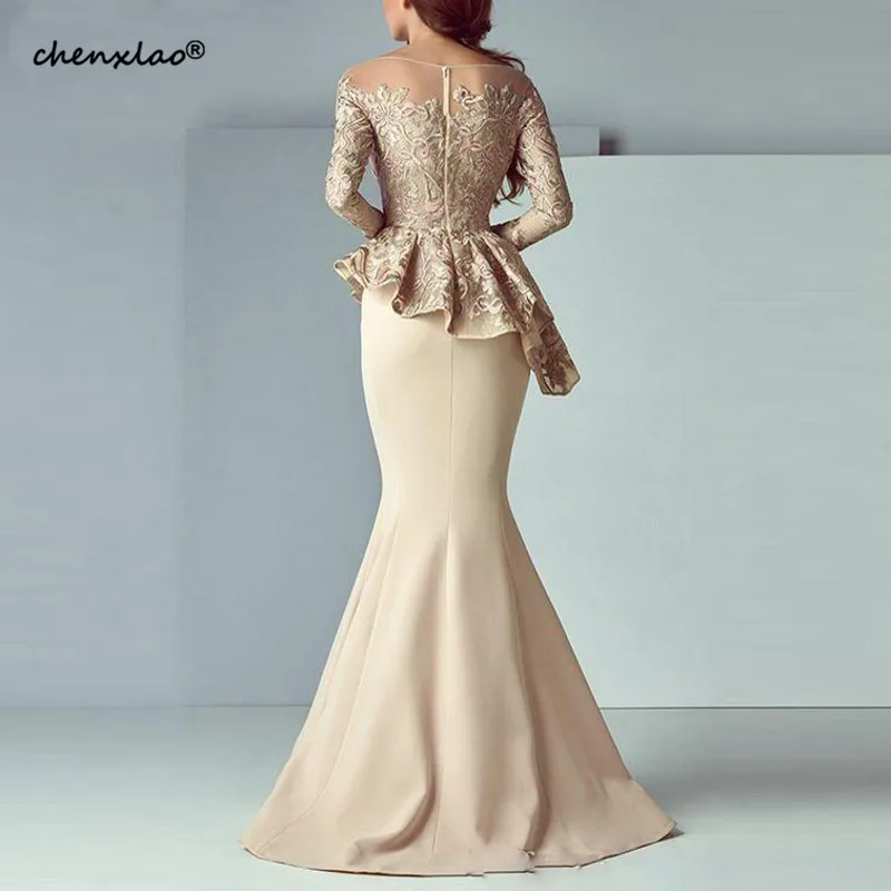 

Champagne Mermaid Evening Dresses Long Evening Gown Long Sleeves Lace Peplum abiye Robe De Soiree Elegant Formal Dress