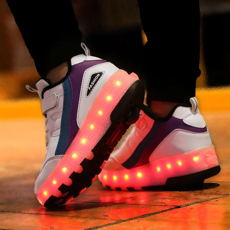 

New White Black USB Charging Fashion Girls Boys LED Light Roller Skate Shoes For Children Kids Sneakers With Wheels Two wheels