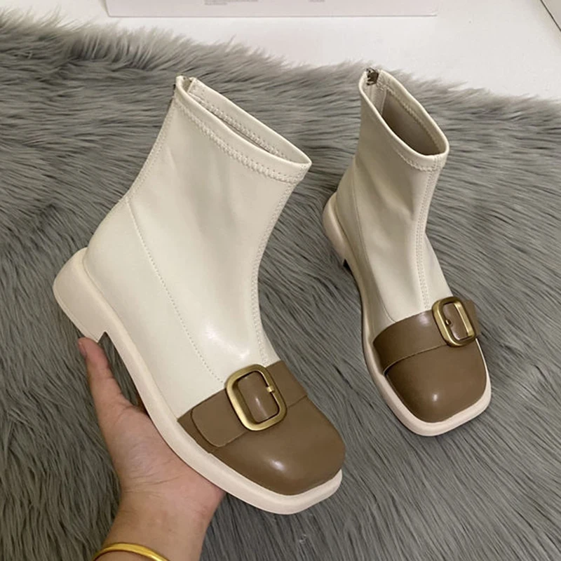 

Lucyever Fashion Buckle Ankle Boots for Women 2021 Autumn Square Toe Low Heels Boots Woman Back Zipper Pu Leather Botas Mujer