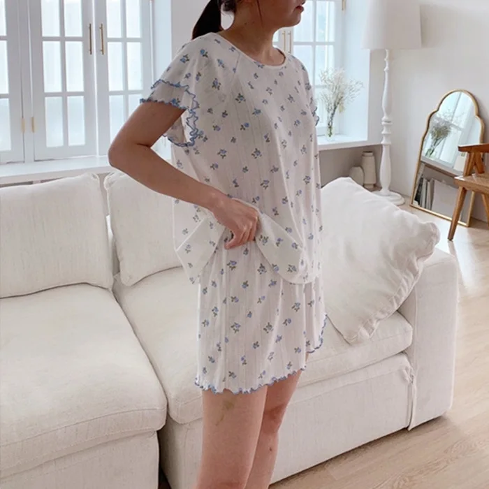 

Marple Comfortable Sleepwear All Match Loose 2021 Sweet Homewear Summer Geometric Cherry Printing Chic Women Pajamas Sets