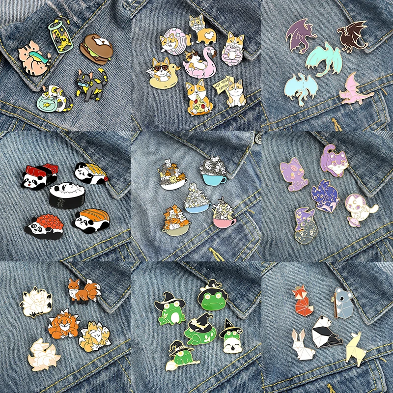 

4-7PCS/Set Cartoon Animal Brooches for Women Anime Cute Cat Fox Forg Enamel Lapel Pin Badge Backpacks Jewelry Gift Wholesale