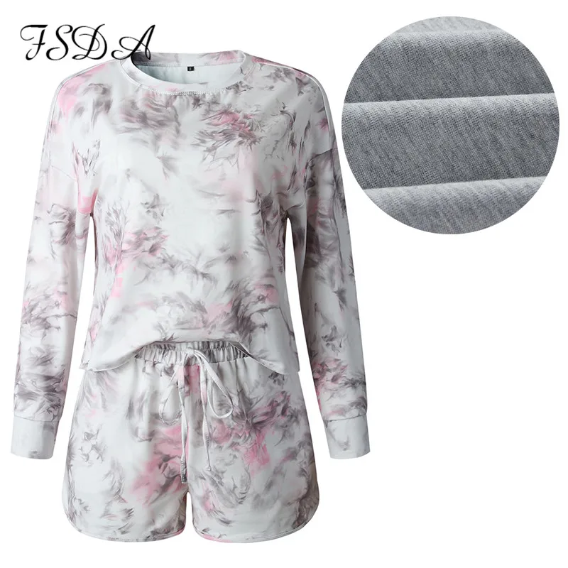 

Summer 2020 Women Set Home Tie Dye Long Sleeve Top Shirt And Shorts White Outfits Casual Suit Loose Two Piece Sets