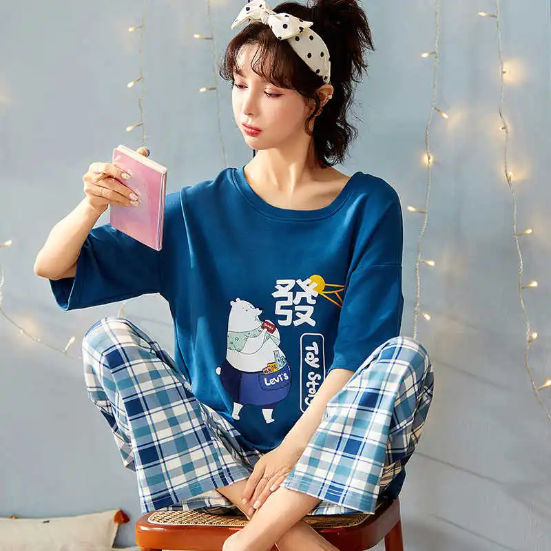 

Pajamas Women's Summer Knitted Cotton Short Sleeve Pants Casual Korean Home Wear Can Be Worn Out Set home clothing
