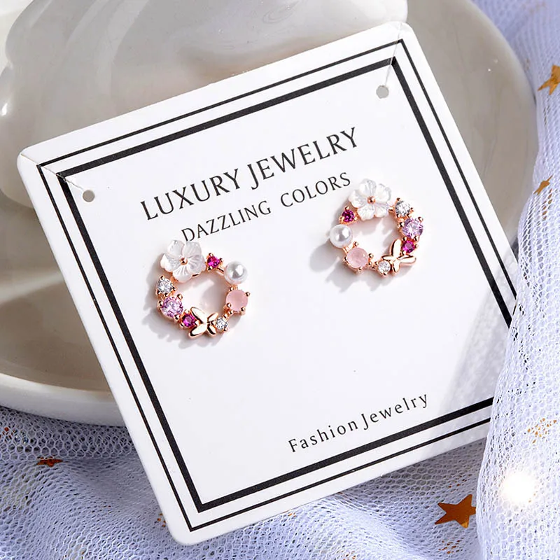 

Butterfly Shell Fower AAA Zircon Wreath Stud Earring for Women Girl Lady Fine Jewelry Gift S925 Silver Earring