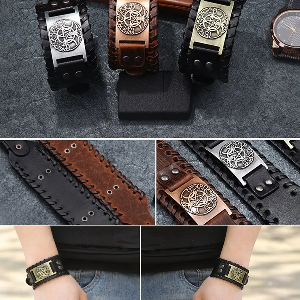 Винтажный кожаный браслет Moon Tree Life трендовый из ювелирного сплава с пентаграммой