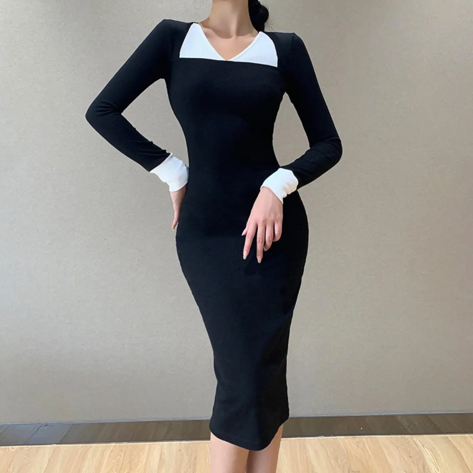 

Stylish Women Autumn V Neck Long Sleeve Color Block Bodycon Party Midi Dress