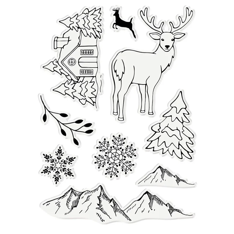 Snow Scene Mountain Snowflake House Elk Metal Cutting Dies&ampTransparent Clear Stamps For DIY Scrapbooking Album Paper Cards | Дом и сад