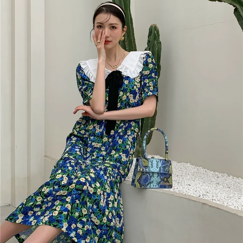 

Korejepo Women Dress 2021 Summer New Vintage Sweet Temperament Lace Bow Floral Turn-down Collar Puff Sleeve Waist Mid-Calf Dress