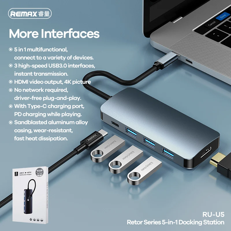 REMAX Type C Hub To HDMI-compatible HUB Converter Docking Station 5-in-1 9-in-1 Splitter |