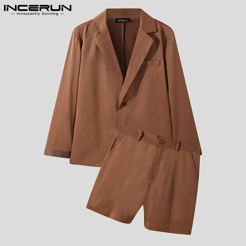 

2022 Men Sets Vintage Lapel Long Sleeve Blazer & Button Shorts Patchwork Streetwear Autumn 2 Pieces Men Casual Suits INCERUN