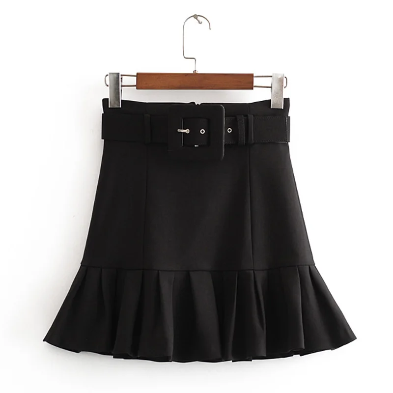 

New Arrival Women Vogue Black Tie Belt Waist Skirt Elegant Ladies Pleated Mini Skirts Casual Jupe Femme