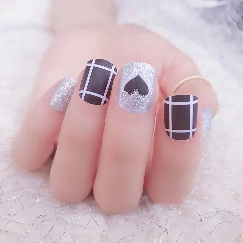 DIY короткий размер дизайн ногтей советы с клеем сексуальные Хаундстут шаблон Серебряный Блеск Поддельные ногти девушки простой цвет накладные ногти - Цвет: style2