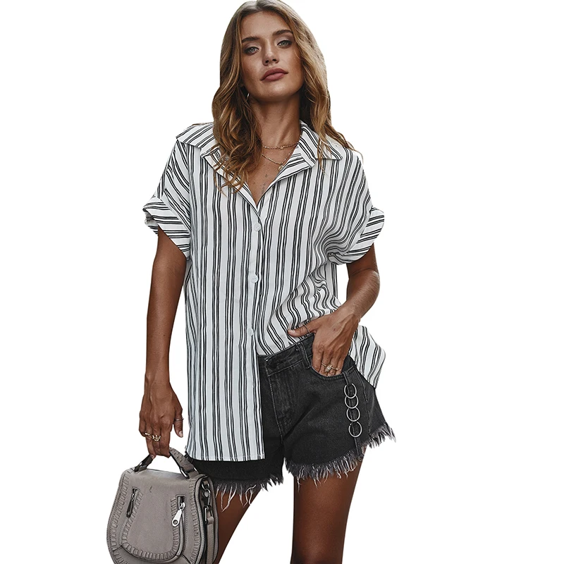 Женская блузка в полоску летняя повседневная свободная с коротким рукавом на