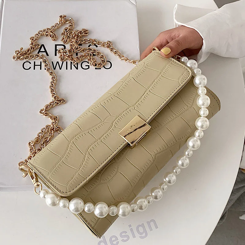 

Women Bags Leather Clutch Mini Pearl Handbags For Women 2021 New Fashion Small Satchel Flap Hand Purse Metal Chain Crossbody Bag