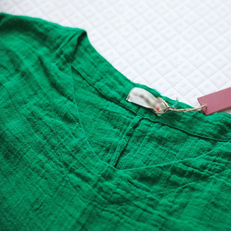 Женские хлопковые льняные футболки Johnature зеленые весенние свободные