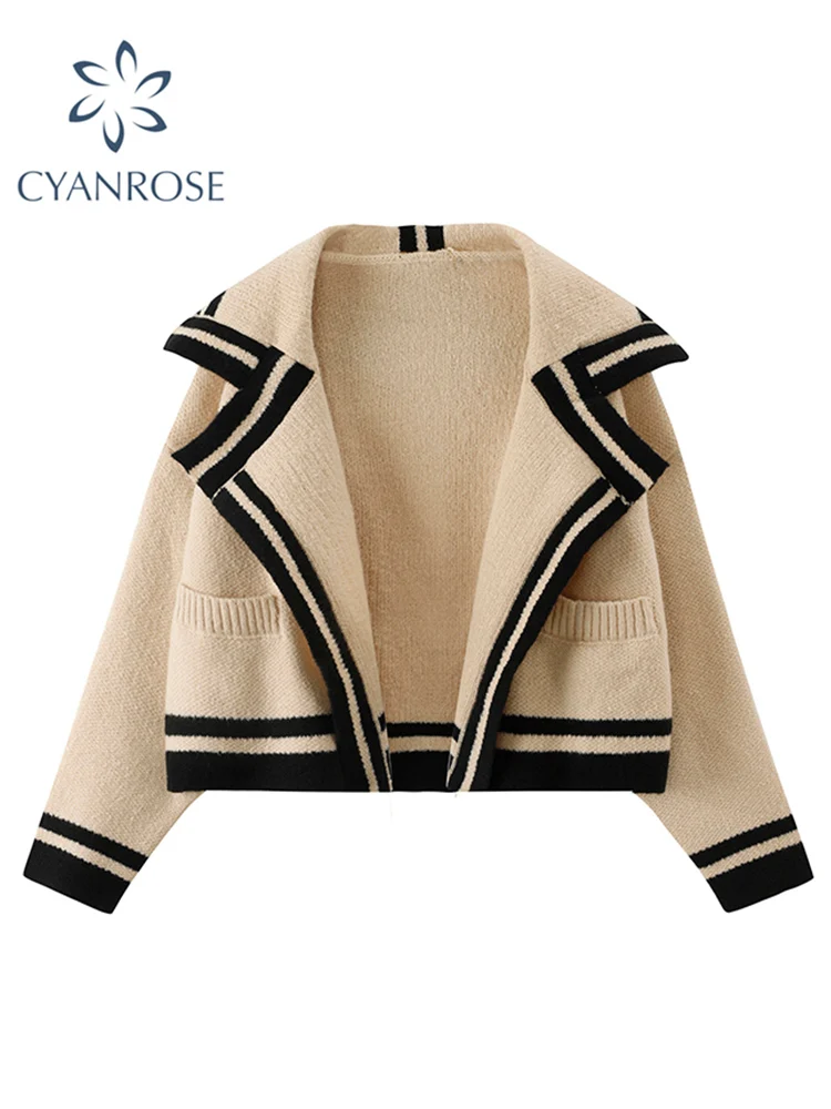 

Women Knitted Cardigan Sweater 2021 Autumn Ladies Turn-down Collar Long Sleeve Vintage Fashion Casual Loose Knitwear Short Tops