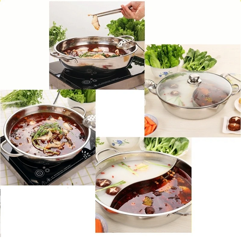 30 см 2 отсека Hotpot Нержавеющая Сталь Приготовления супа горшок со стеклянной крышкой половник-дуршлаг кухонная посуда для индукционной плиты
