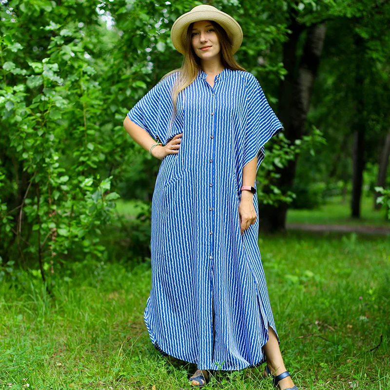 

Casual Bikini Cover-ups Blue Tunic Sexy Striped Front Open Summer Beach Dress Elegant Women Beach Wear Swim Suit Cover Up Q1097