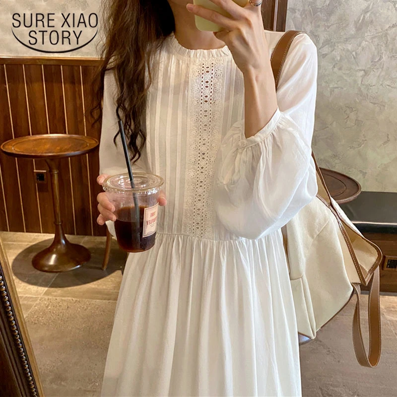 

Hot Sweet Stylish Gentle Loose Solid Vestidoes Comfortable Long Sleeves Lace 2021 Hot Early Elegant Autumn Dresses White 14515