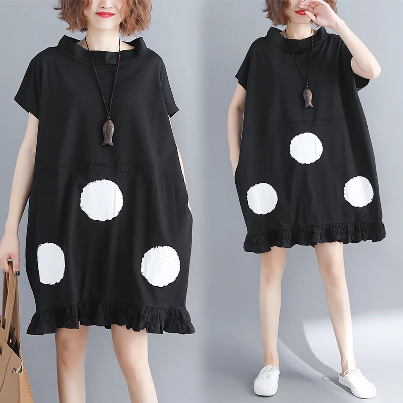 

Polka Dot Dress Woman Plus Size Fashion Cute Stand Collar Casual Loose Summer Short Sleeve Dresses robe femme Party Dress