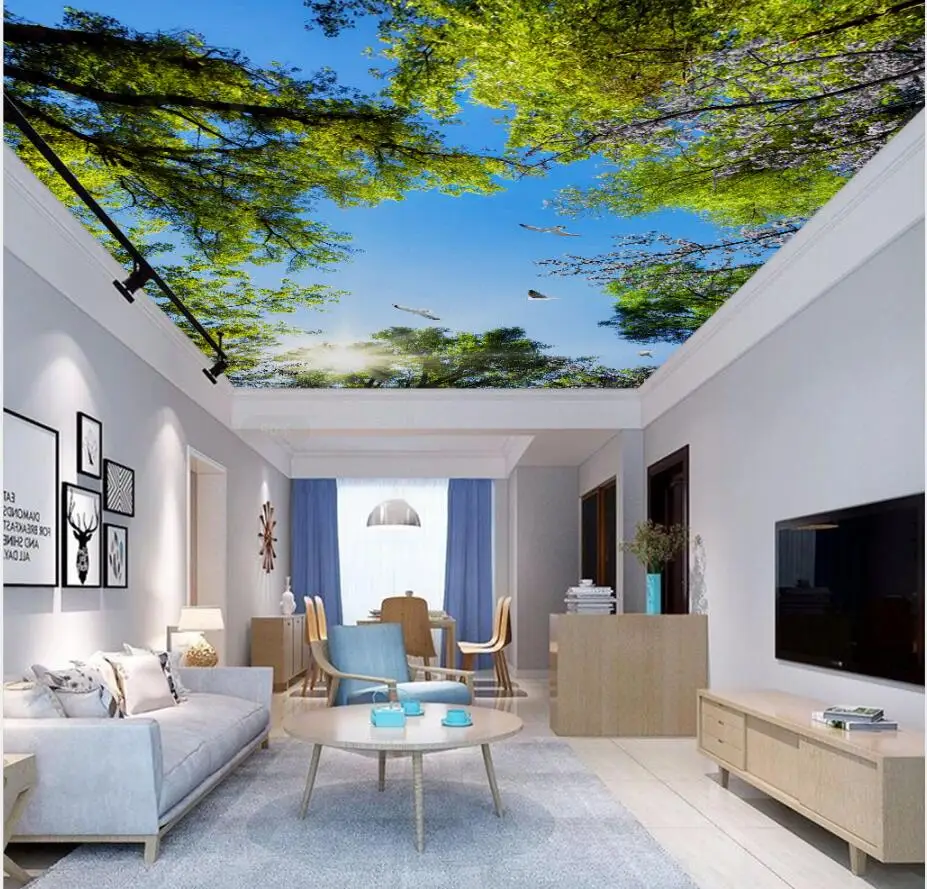 Oil painting style blue sky white clouds green leaves ceiling mural Bedroom Living Room Ceiling Decoration | Обустройство дома