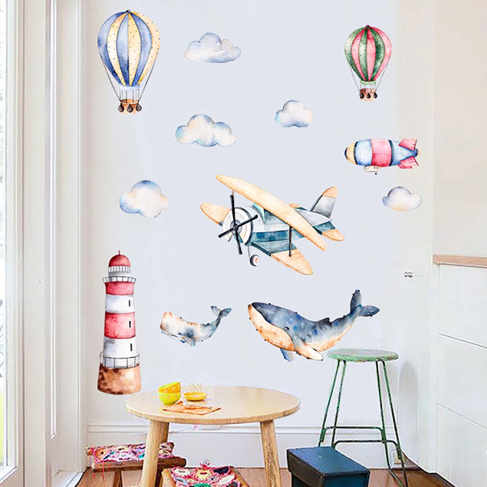 Акварельный самолет воздушный шар настенный стикер детские комнаты для