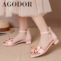 agodor woman shoes sandals ankle strap med heels buckle thick heel sweet sandals crystal bow ladies footwear summer pink size 47