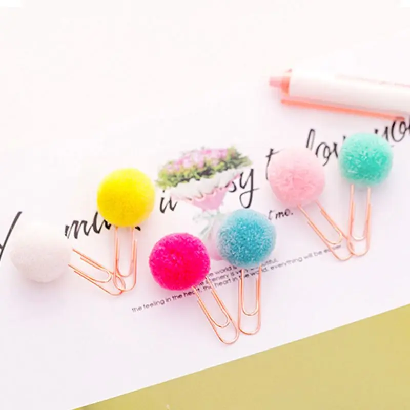 

C5AB 6 Pcs/Bag Colorful Plush Ball Paper Clips Bookmarkers Planner Journal Page Home School Office Supply
