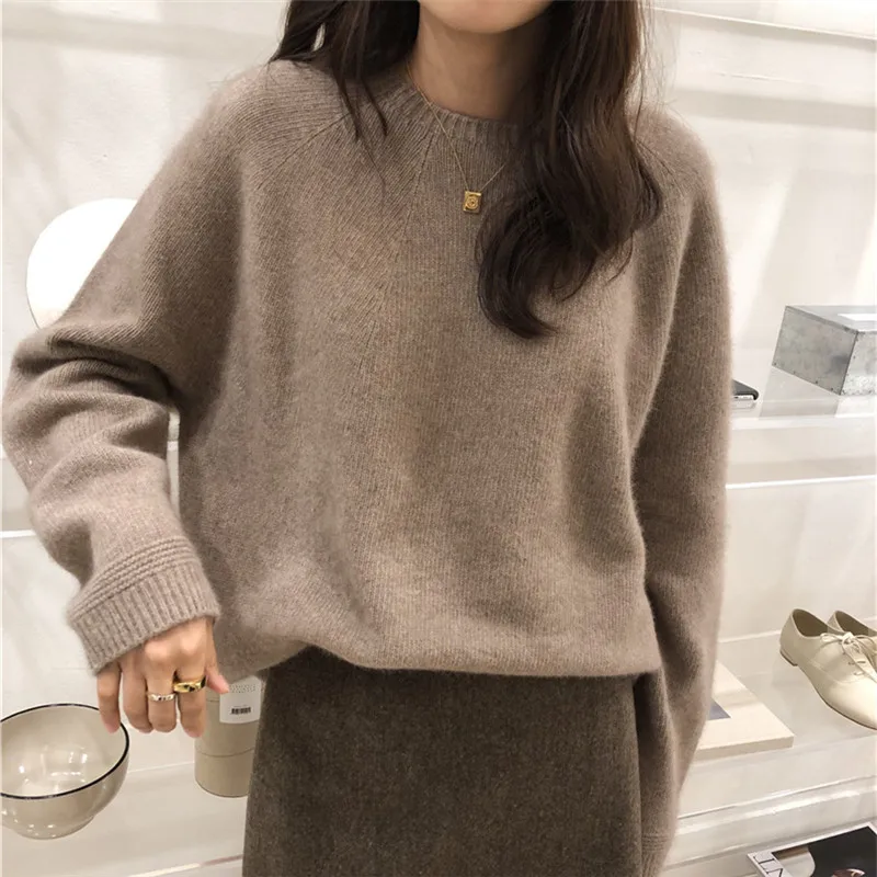 

Женский винтажный кашемировый свитер, трикотажный свитер с круглым вырезом и длинным рукавом, Осень-зима 2021