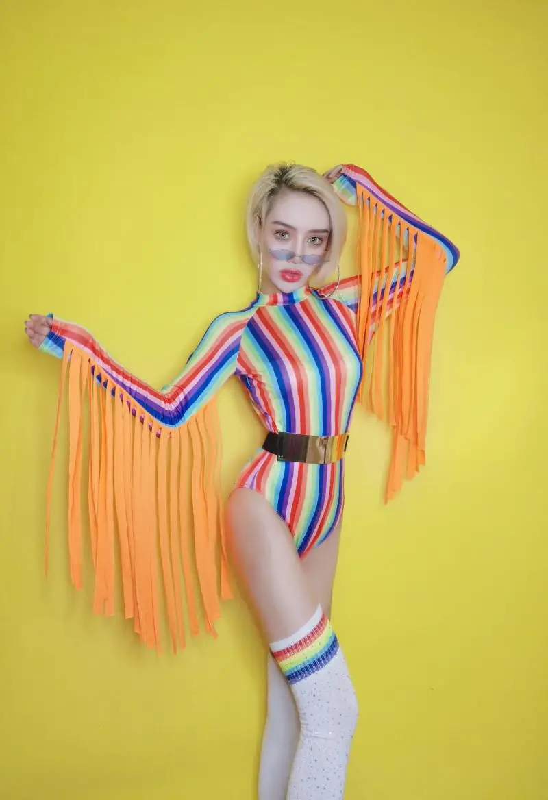 

Multi-color Striped Fringed Sleeve Bodysuit Sexy Stretch Tassels Bodysuits Bar Nightclub Female DJ Jazz Dance Costume Stage Wear